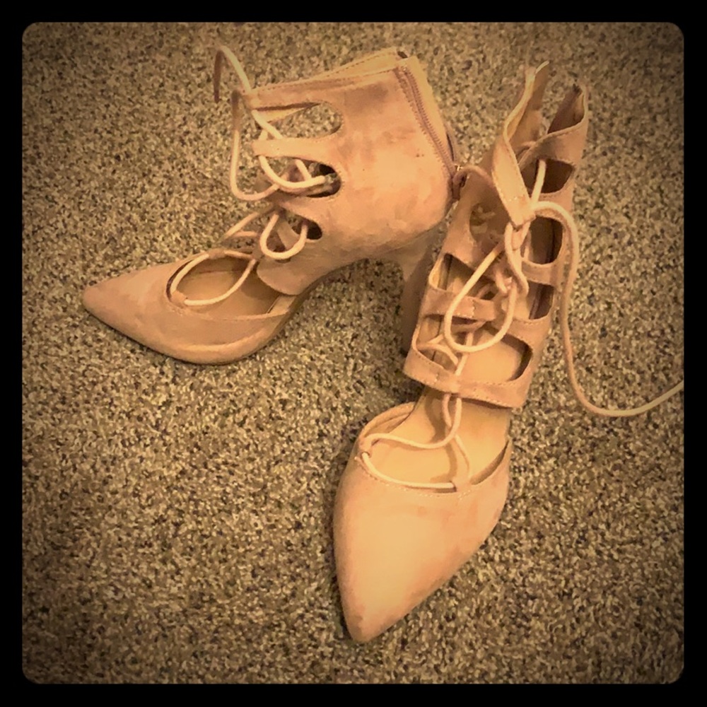 Pink suede ankle tie heels
